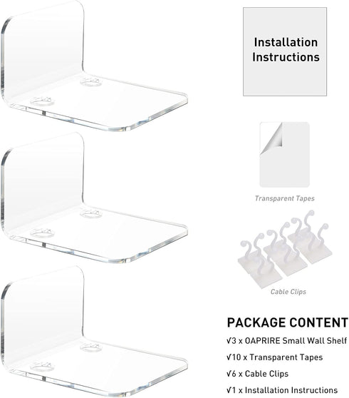 OAPRIRE Acrylic Floating Wall Shelves Set of 3 for Security Cameras, Baby Monitors, Speakers - Universal Small Wall Shelf with Cable Clips, 10-Pie...