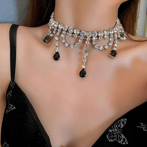 Navoky Rhinestone Choker Black Big Crystal Necklace Silver Neck Chain Tassel Party Jewelry for Women(A)...