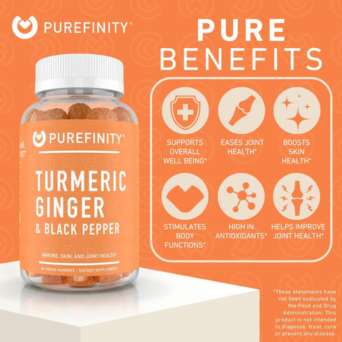 Turmeric Ginger & Black Pepper Gummies for Adults – Turmeric Curcumin Chewables to Support Joint Health, Delicious Peach Flavor – Gluten Free, Veg...