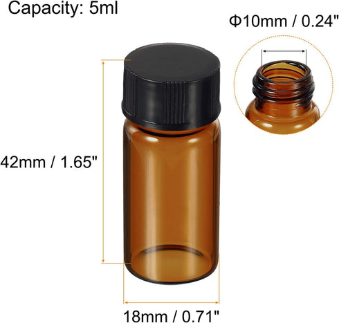 PATIKIL 5mL Reagent Media Bottle, 10 Pack Round Glass Storage Bottles Plastic Screw Cap for Lab Home, Brown...