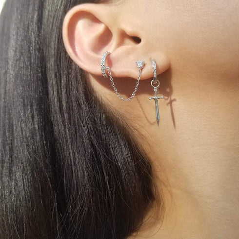Dagger Hoop Cuff Earrings S925 Sterling Silver Cubic Zirconia Hypoallergenic Cartilage Earrings Huggie Ear Piercing Sword Small Dangle Drop for Wo...