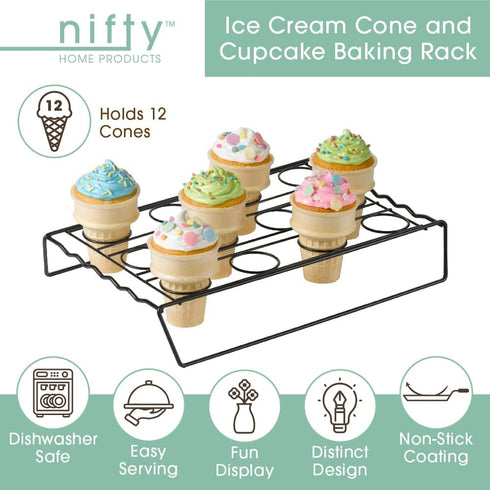 Nifty Ice Cream Cone Cupcake Baking Rack – Holds up to 12 Medium & Large Cupcake Cones, Non-Stick, Dishwasher Safe, Use for Baking, Cooling & Serv...