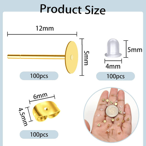 TOAOB 300pcs Earring Posts and Backs Gold Stainless Steel Hypoallergenic 5mm Flat Pad Studs with Clear Rubber and Butterfly Earring Backs for DIY ...