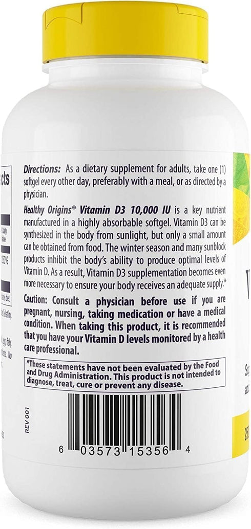 Healthy Origins Vitamin D3 10,000 IU (Non-GMO, High Potency, Bone Support, Immune Support, Gluten Free), 360 Softgels...