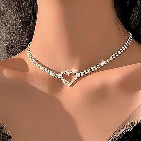 CLOACE Rhinestone Choker Necklaces Silver Heart Necklace Sparkly Tennis Chain Party Prom Neck Jewelry for Women...