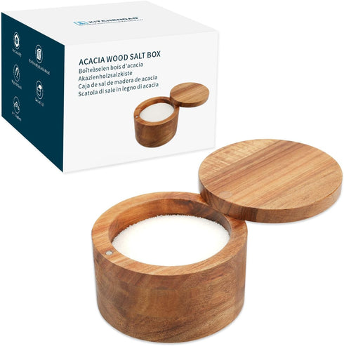 KITCHENDAO Acacia Wood Salt Cellar Bowl Box, Elegant Kitchen Salt Container Holder with Swivel Magnetic Lid to Store Pepper Spice Bath Salt Sea Sa...
