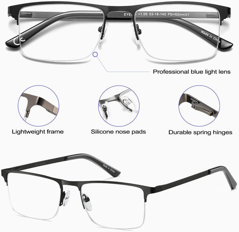 EYECEDAR Blue Light Blocking Reading Glasses for Men Computer Eyeglasses Metal Half Frame Spring Hinges 5 Pack Readers 2.00...