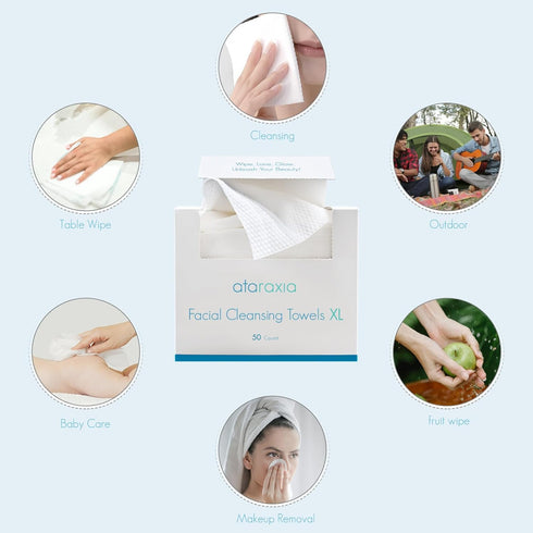 ataraxia Disposable Face Towels XL, Cotton Clean Towel for Face Travel Pack of 50, 10x12'' Extra Thick Soft Facial Cleansing Towelettes Wipes for ...