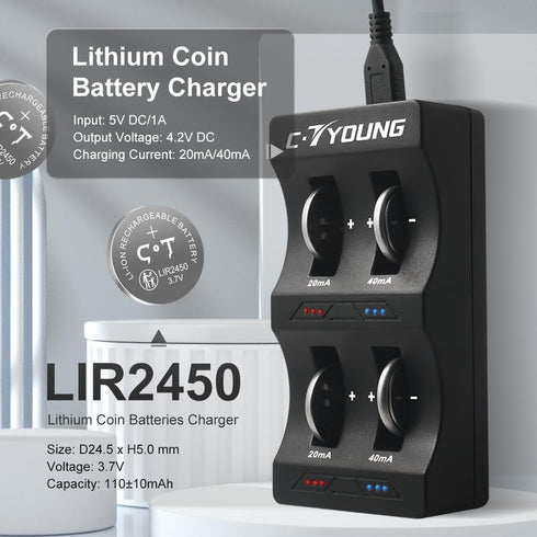 LIR2450 Rechargeable Button Battery Lithium Coion Cell 3.7V 6-Pack with Universal Battery Charger Replacing 3V Cr2450 Batteries...
