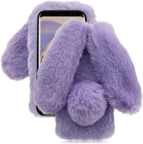 Rabbit Case Compatiable with Samsung Galaxy S23 FE 5G, Cute 3D Bunny Ears Soft Furry Hairball Fuzzy Winter Warm Faux Fur Plush Fluffy TPU Bumper W...