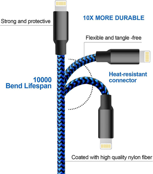 cugunu iPhone Charger, 5 Pack 3/3/6/6/10FT Apple MFi Certified USB Lightning Cable Nylon Braided Fast Charging Cord Compatible for iPhone 14/13/12...