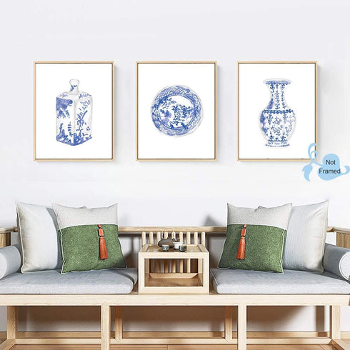 Chinoiserie Wall Art Print-- Bedroom or Study Decor -- Chinese Blue White Porcelain Vase Canvas Print ( Set of 6 )--Unframed--8X10 inch 1...