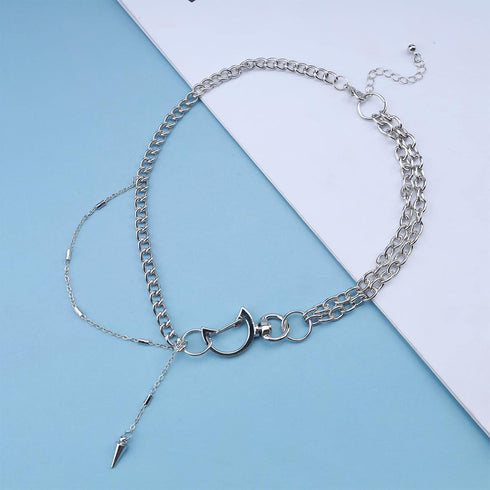 Punk Cuban Link Chain Necklace Crescent Choker Necklace Open Moon Buckle Choker Necklace Silver Chunky Chain Necklace Rivet spike Pendant Necklace...