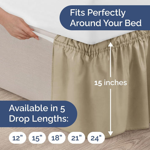 Wrap Around Dust Ruffle Bed Skirt - Beige - for King Size Beds with 15 Inch Drop - Easy Fit Elastic Strap - Adjustable Pleated Bedskirt w/Brushed ...