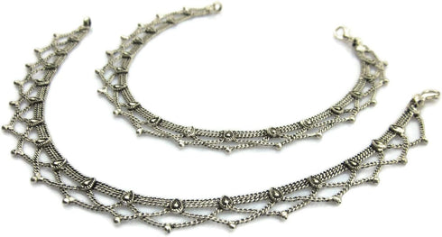 Handmade Womens Boho Anklets Pair | Silver Plated Brass Copper Metal Chain Vintage Antique Oxidized Finish | Inidan Payal Feet Ankle Bracelet Fash...