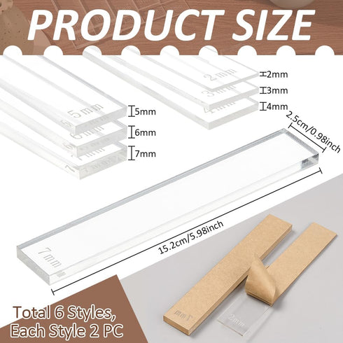 BENECREAT 12Pcs 6 Size Acrylic Polymer Clay Depth Guide Set, Adjustable Clay Rolling Pin Guide with Protective Film for Polymer Earrings, Roller D...