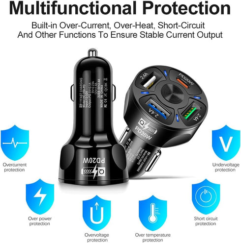 4 Port USB Fast Charging Cigarette Light Car Charger 3 * 2.4 A USB/ 1 PD20W LED Light Compatible with Tablets Cameras iPhone 14 13 12 11 Pro Max X...