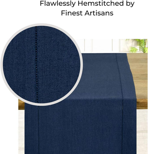 D'Moksha Homes Linen Navy Blue Table Runner 60 Inches - Classic Hemstitch, 100% Pure Linen Coffee Table Runner 14 x 60 Inch Ideal for Dresser Tabl...