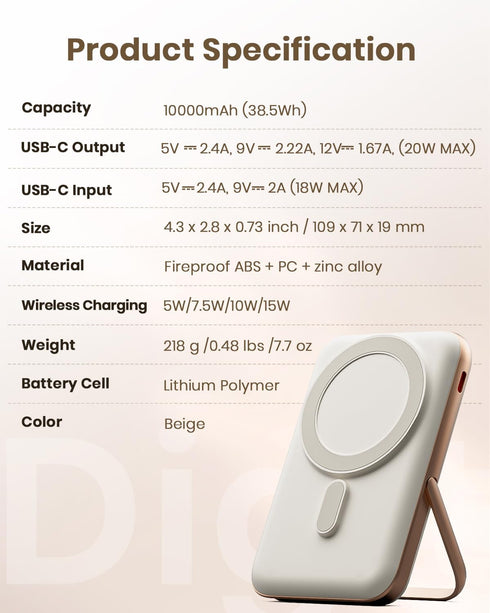 Magnetic Power Bank, 10000mAh Wireless Portable Charger, 20W Mag-Safe Battery Bank with Stand & USB-C Fast Charging, for Magsafe Battery Pack LED ...