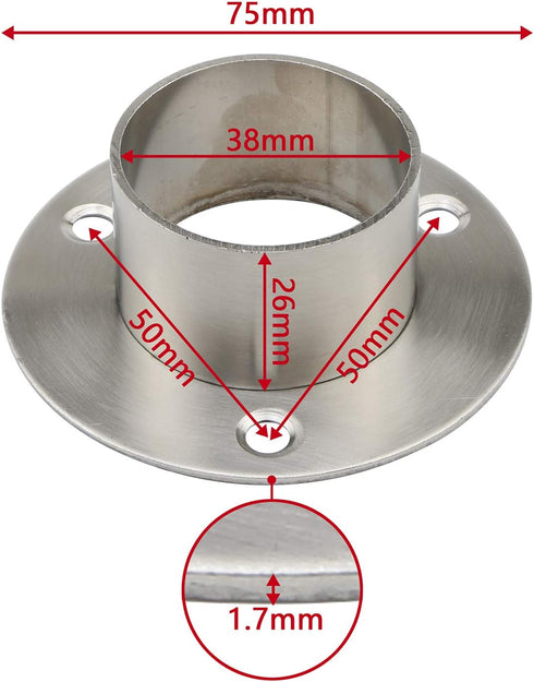 Stainless Steel Closet Rod Flange Holder for Diameter 1.5 inch (38mm) Steel Pipe, Pack of 2...