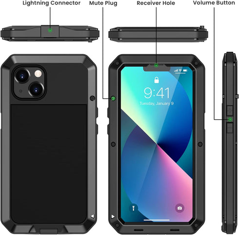 Lanhiem for iPhone 13 Metal Case, Heavy Duty Shockproof Tough Rugged Case with Built-in Glass Screen Protector, 360 Full Body Protective Cover for...