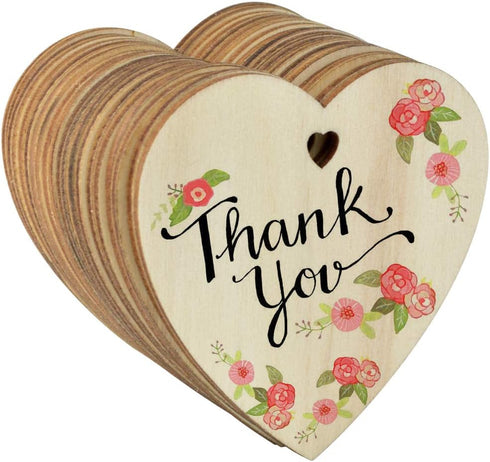 obmwang 50 Pieces 3 Inch Natural Heart Wood Slices, DIY Wooden Ornaments Unfinished Predrilled Heart Embellishments with Twine for Wedding, Thanks...