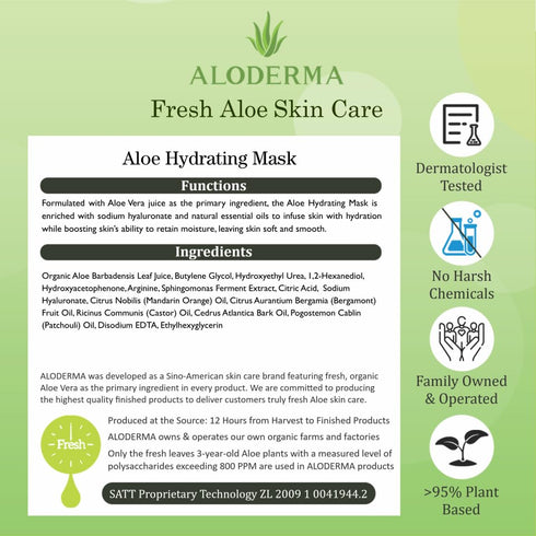 Aloderma Hydrating Sheet Face Masks with 87% Organic Aloe Vera - 5 pack Moisturizing Facial Masks with Hyaluronic Acid & Bergamot Oil for Nourishe...
