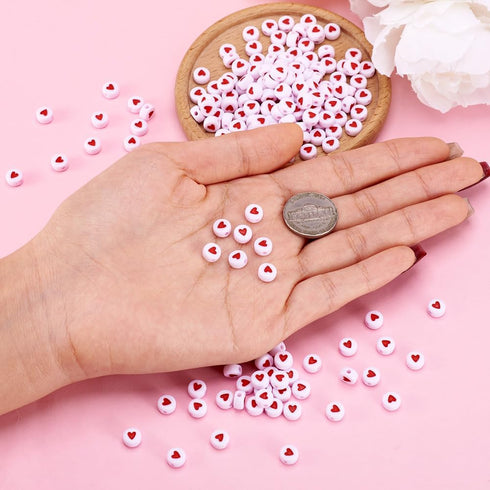 Pandahall 200pcs White Acrylic Red Heart Beads Flat Round Love Heart Disc Coin Pony Beads for DIY Word Message Initial Bracelet Spacer Charms Jewe...