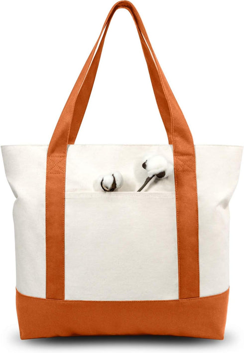 TOPDesign 1-Pack Canvas Tote Bag with an External Pocket, Reusable Grocery Shopping Bag, Top Zipper Closure, Daily Essentials (Orange/Natural)...