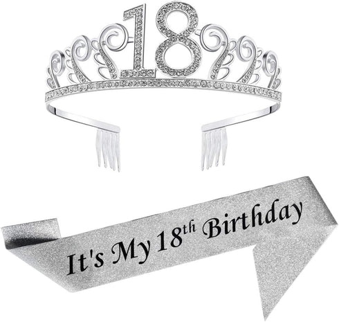 18th Silver Birthday Tiara and Sash Glitter Satin Sash and Crystal Rhinestone Tiara Crown for Happy 18th Birthday Party Supplies Favors Decoration...