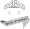 18th Silver Birthday Tiara and Sash Glitter Satin Sash and Crystal Rhinestone Tiara Crown for Happy 18th Birthday Party Supplies Favors Decoration...