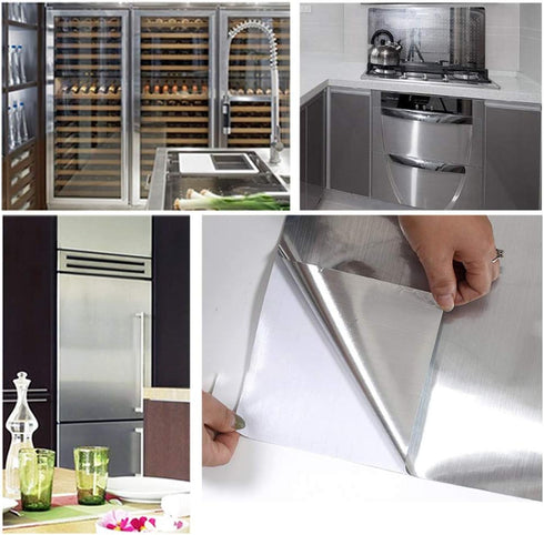 17.7''x197''Silver Wallpaper Stainless Steel Contact Paper Metallic Silver Peel and Stick Waterproof Removable Wallpaper for Kitchen Appliances Co...