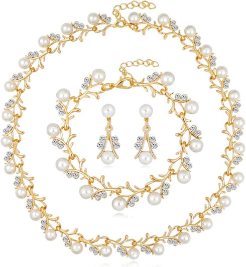 Unicra Pearl Bride Wedding Jewelry Set Crystal Bridal Necklace Bracelet Earrings Sets Rhinestone Choker Necklace Prom Costume Jewelry Set for Wome...