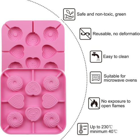 2Pcs Love heart Lollipop Candy Molds 8-Cavities Food Grade Heart Silicone Lollipop Molds Chocolate Hard Candy Molds including Heart, Round with 40...