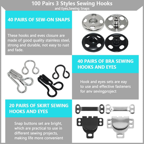 100 Pairs 3 Styles Skirt Hooks and Eyes Hook Closures, Sewing Snaps Fasteners Press Studs Clothing Fixing Hook Sewing Hook and Eye Latch or Skirt ...