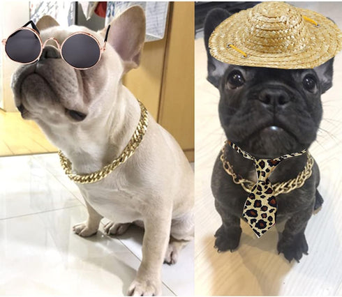4Pcs Cat Glasses Cat Gold Chain Necktie and Straw Hat, Fashion Cool Pet Sunglasses Adjustable Pet Gold Chain Set Classic Funny Pet Accessories for...