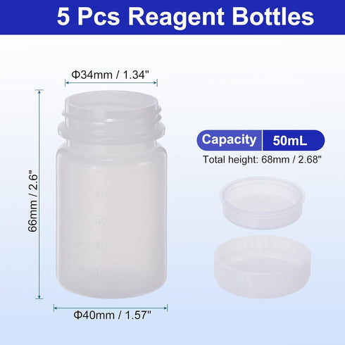 PATIKIL 5 Pcs 50ml Reagent Bottles, PE Wide Mouth Round Graduated Bottles with Screw Cap for Lab Water Reagent Liquids Solid Sample Storage Seal, ...