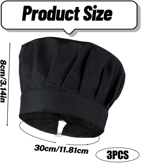 3 Pack Black Chef Hats Caps Hibachi Hats Adult Baker Chef Works Hats Womens, Chef Cap Reusable Cooking Hat for Men, Adjustable Washable Pizza Hat,...