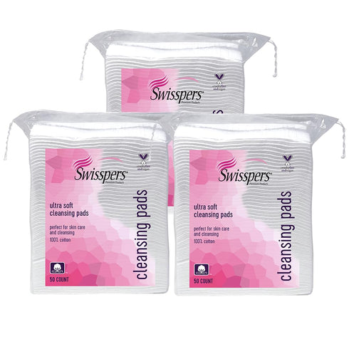 Swisspers Premium Facial Cleansing Pad, 100% Cotton, Ultra Soft, Extra Large, 50 White Pads per Reclosable Bag, 3 Bags (150 Pads Total)...