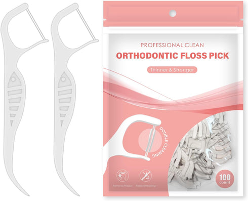 Orthodontic Flossers-Ortho Double Line Dental Floss Picks-Super Clean Oral Care-Comfortable 100 Count Toothpicks Sticks-Best Dental Tools for Brac...