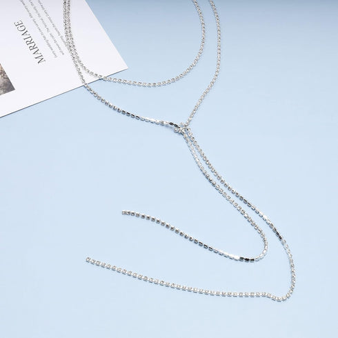 Bling Tennis Chain Necklace Silver Long Rhinestone Choker Necklace CZ Lariat Y Necklace Tie Up Necklace for Women and Girls Nightclub Body Chain J...
