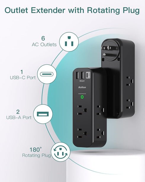Surge Protector Outlet Extender - with Rotating Plug, 6 AC Multi Plug Outlet with 3 USB Ports, 1800J Wall Charger, 3-Sided Power Strip with Spaced...