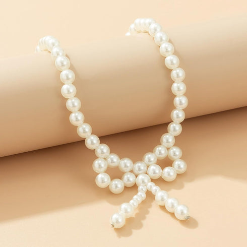 3PCS Silver Pearl Bow Necklace Bow Stud Earrings Jewelry Set for Women,Cute Bowknot Pearl Choker Necklace Stud Drop Earrings Bow Bracelet Set Gift...