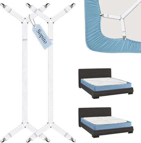 Sopito Sheet Straps, Adjustable Bed Sheet Suspenders Max Stretch from 29.5 in to 82.7 in Compatible for Crib to King Size Bed, Non Slip Holder Fas...