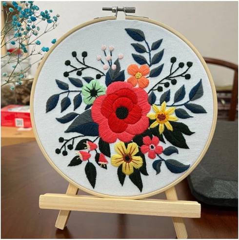 Egoshop 3 Flower Craft Kits with Pattern, Knitting, 3 Bamboo Embroidery Hoops, Crochet, Sewing, Stamped Cross Stitch, Quilting Kits for Beginners ...