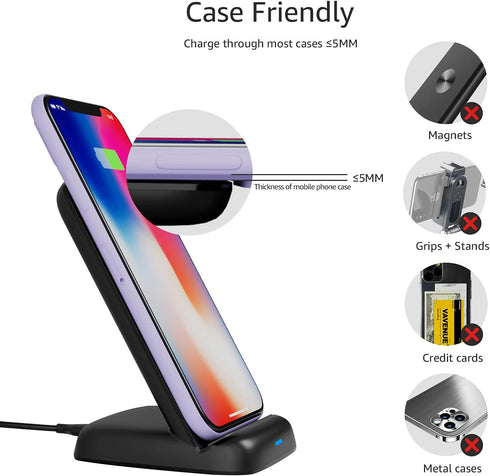 Amazon Basics 10W Qi Certified Wireless Charging Stand (iPhone 15/14/13/12/11/X, Samsung), with USB Cable (No AC Adapter), Black......
