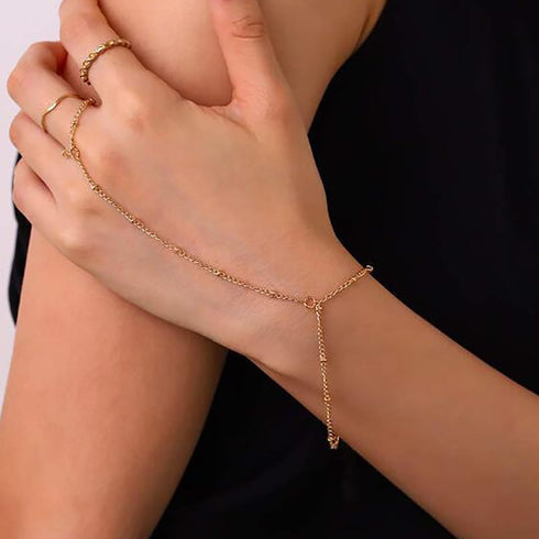 Dainty Gold Hand Chain Bracelet,18K Real Gold Plated Minimalist Handmade Beaded Finger Chain Bracelets for Women...