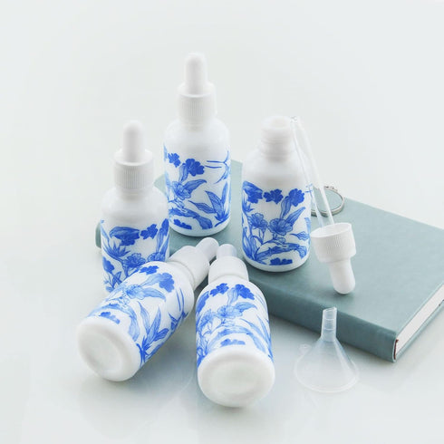 4 PCS 1 2/3oz (50ml) Blue and White Porcelain Ceramic Dropper Bottles Perfume Aromatherapy Cosmetic Container Essential Oils Sample Empty Dropper ...