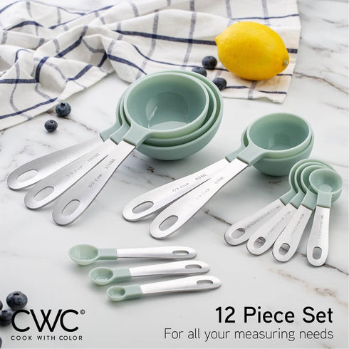 COOK WITH COLOR Measuring Cups Set and Measuring Spoon Set, Stainless Steel Handles, Nesting Kitchen Measuring Set, Liquid Measuring Cup Set, 12 P...