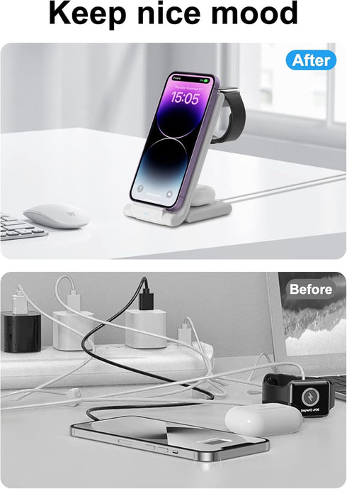 Wireless Charging Station, Foldable Charger Stand for iPhone 14/13/12/Pro/Plus/11/XS/XR/X/8/Samsung Galaxy, Wireless Charger 3 in 1 Compatible wit...